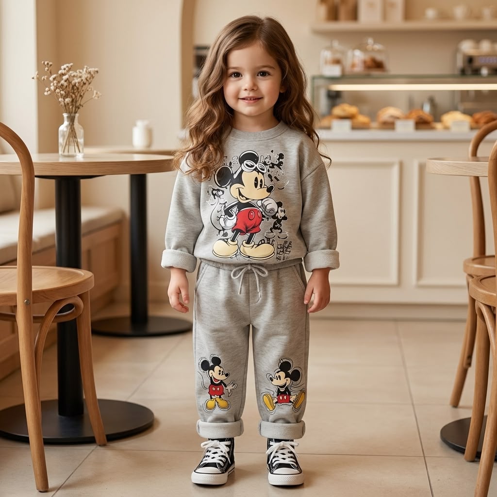 Black kids 2PC character shirt and trouser winter set
