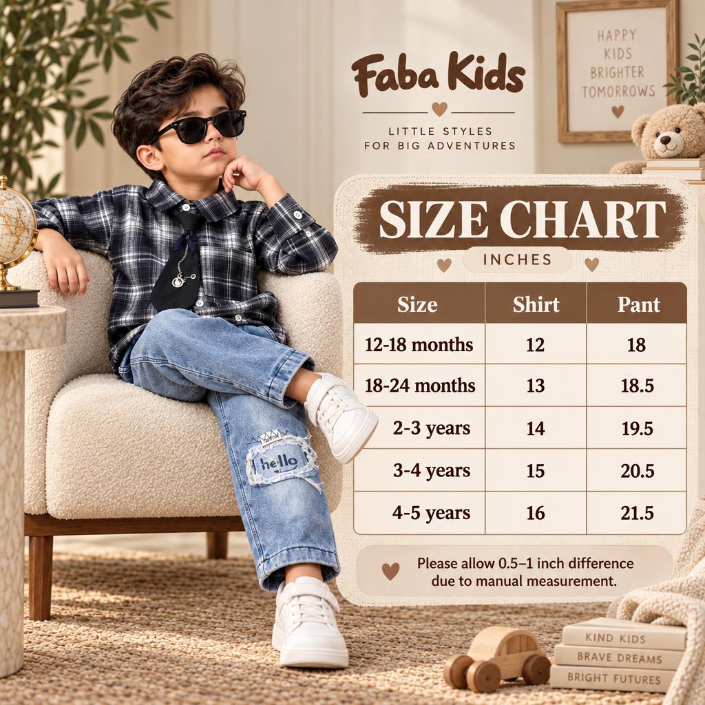 Size chart for boys plaid tie shirt and baggy pants 2PC set, showing shirt and pant measurements for 12-18 months through 4-5 years.