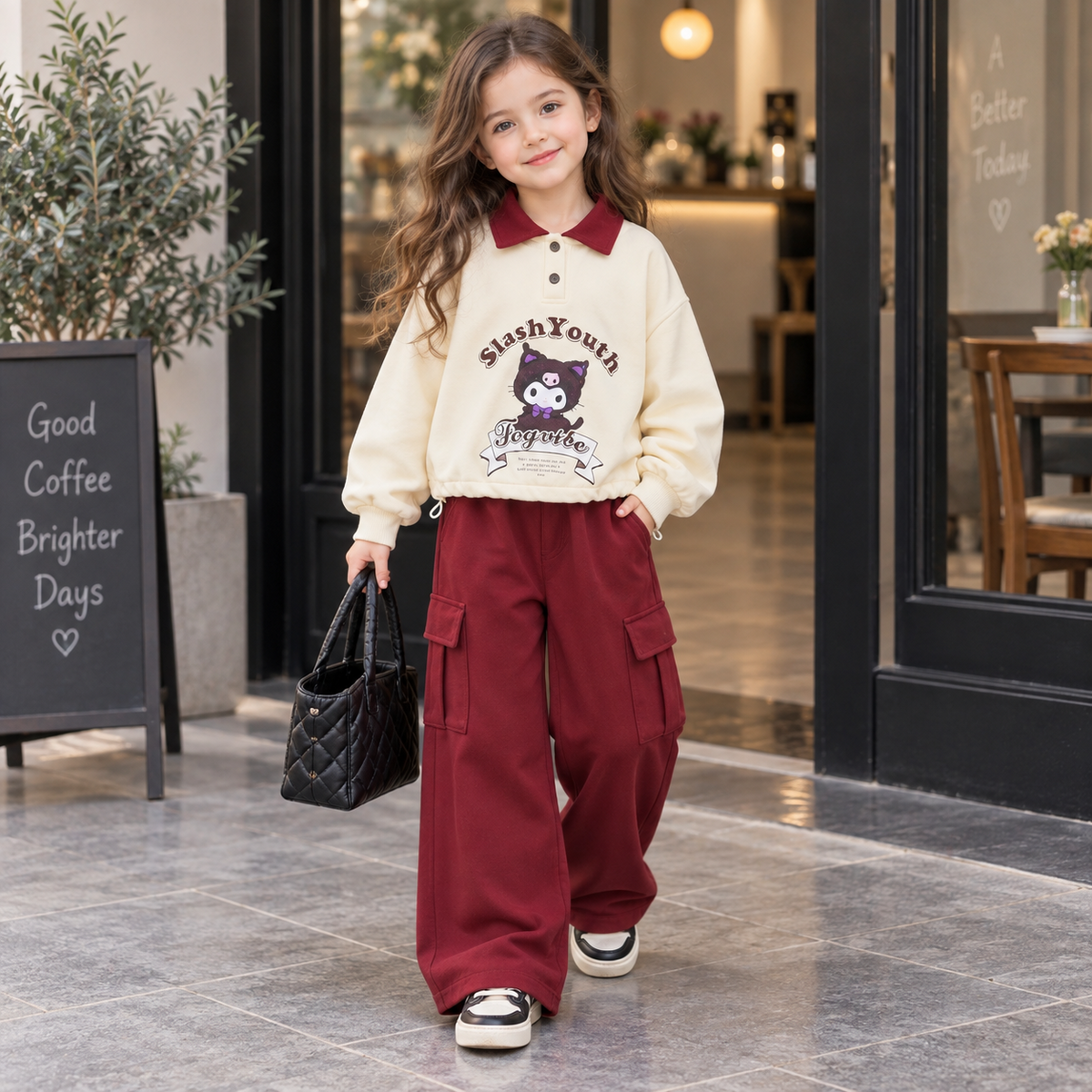Girls character sweatshirt and maroon cargo trouser set