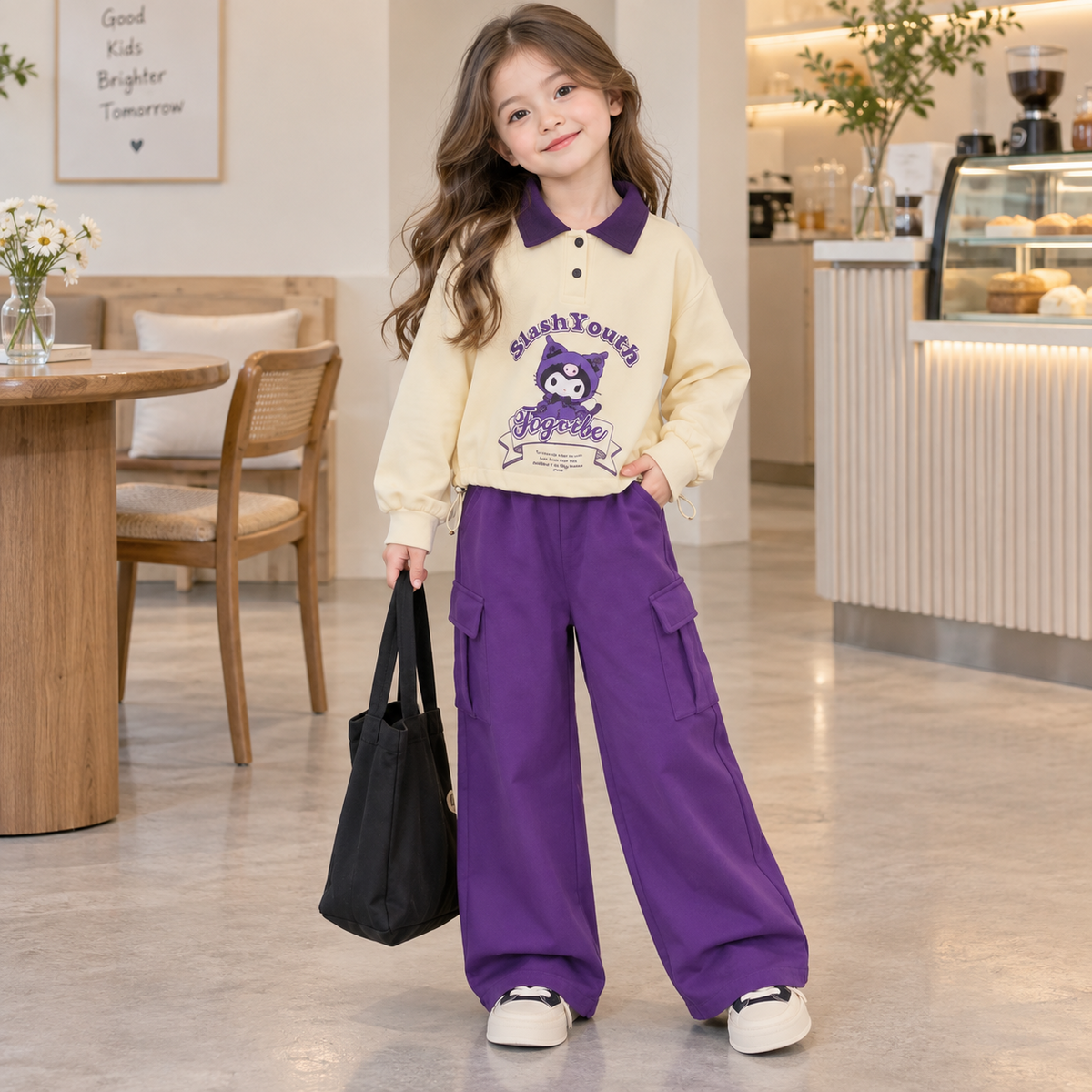 Girls character sweatshirt and purple cargo trouser set