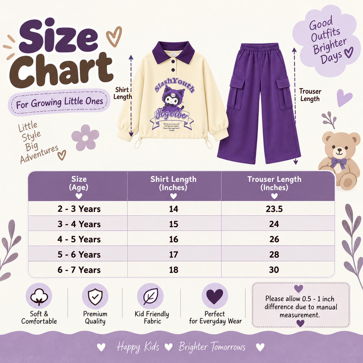 Girls character sweatshirt and cargo trouser set size chart