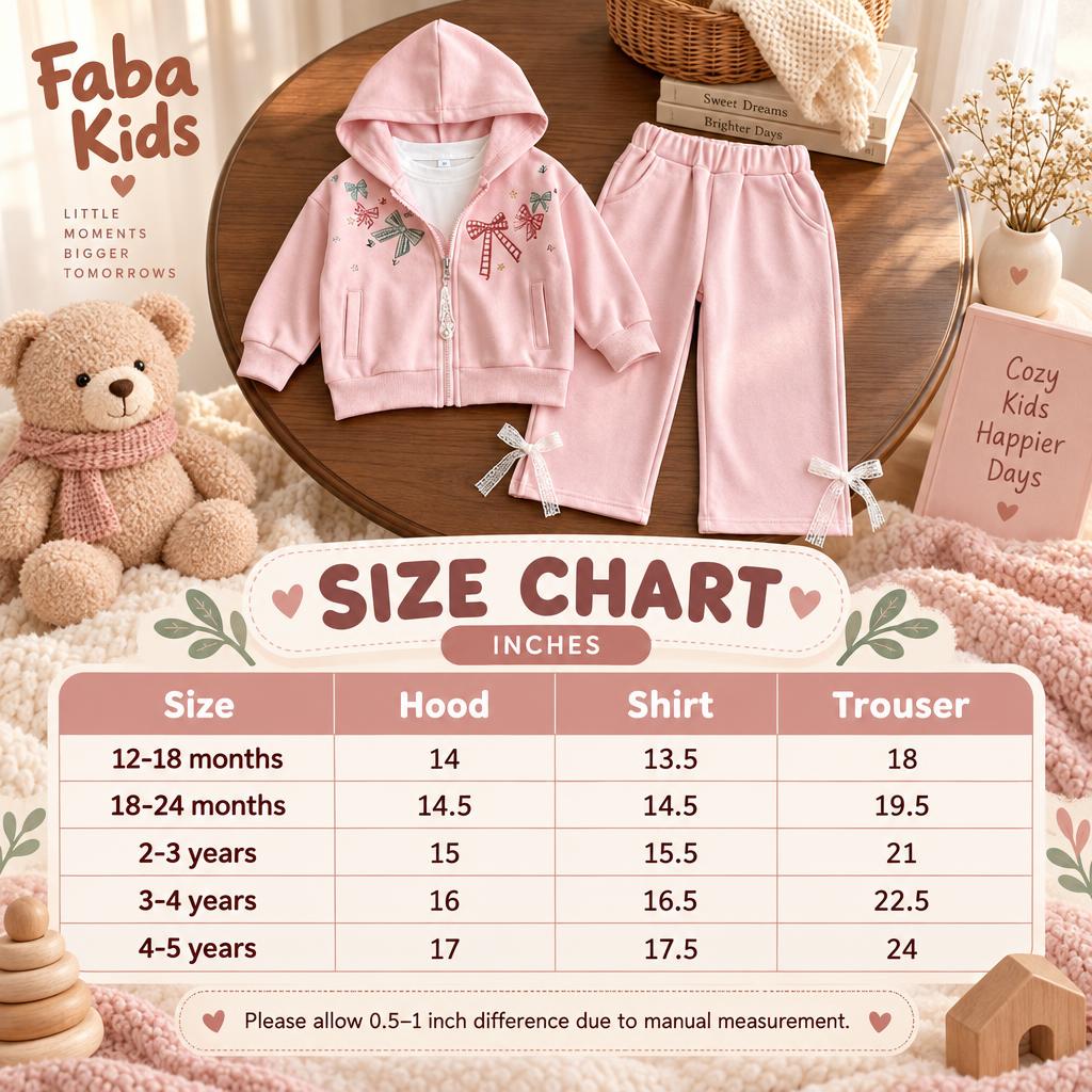 Faba Kids size chart for the girls hooded jacket, shirt and trouser 3pc set, covering sizes 12-18 months through 4-5 years with measurements in inches.