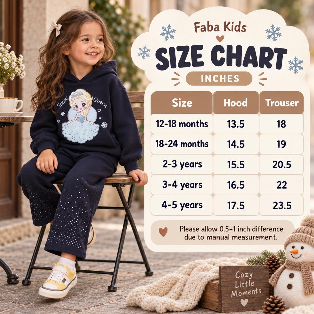 Faba Kids size chart for Snow Queen hooded sweatshirt and trouser set in sizes 12-18 months through 4-5 years, with hood and trouser measurements in inches.