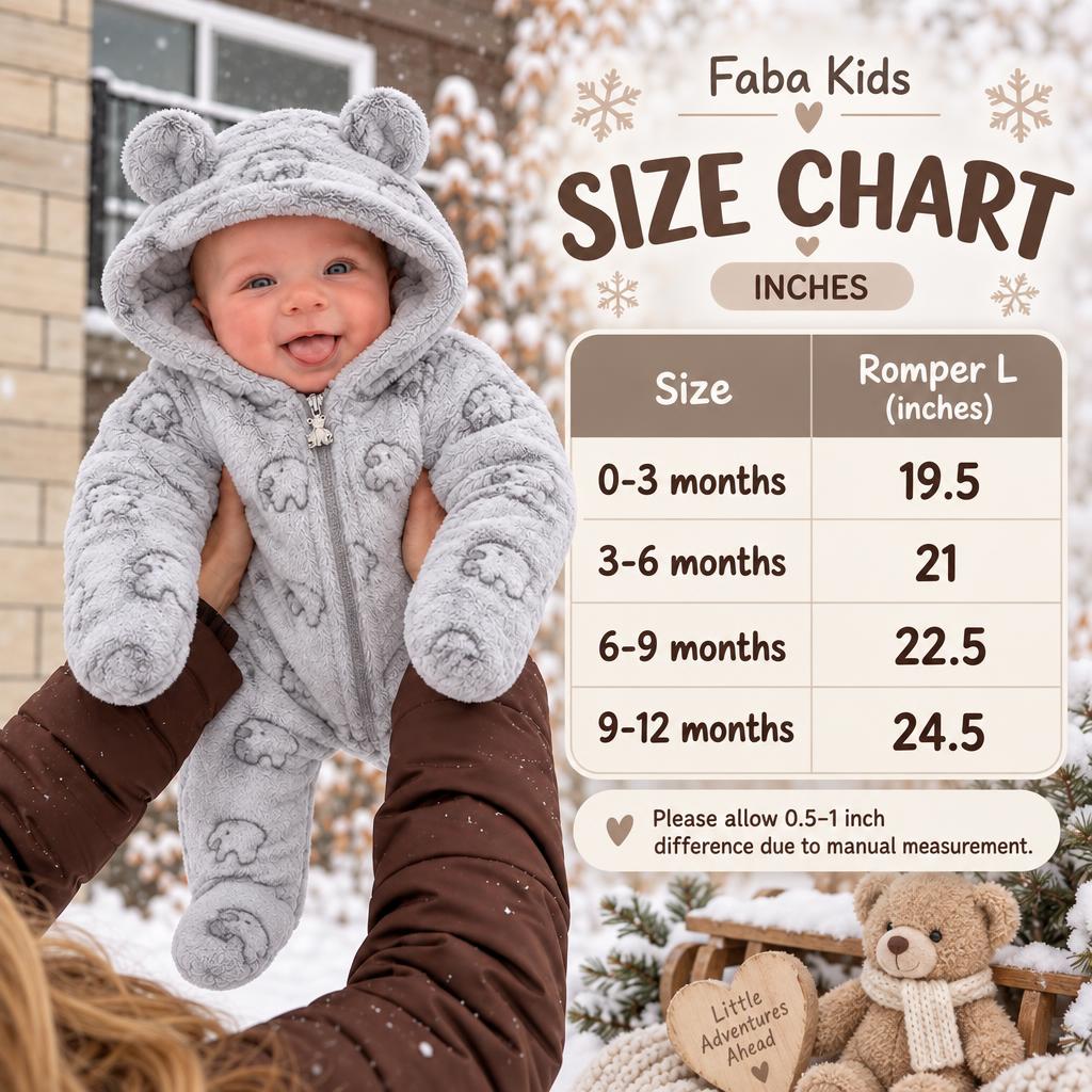 Faba Kids size chart for the bear-ear shaggy romper, showing 0-3, 3-6, 6-9 and 9-12 months with romper lengths in inches.