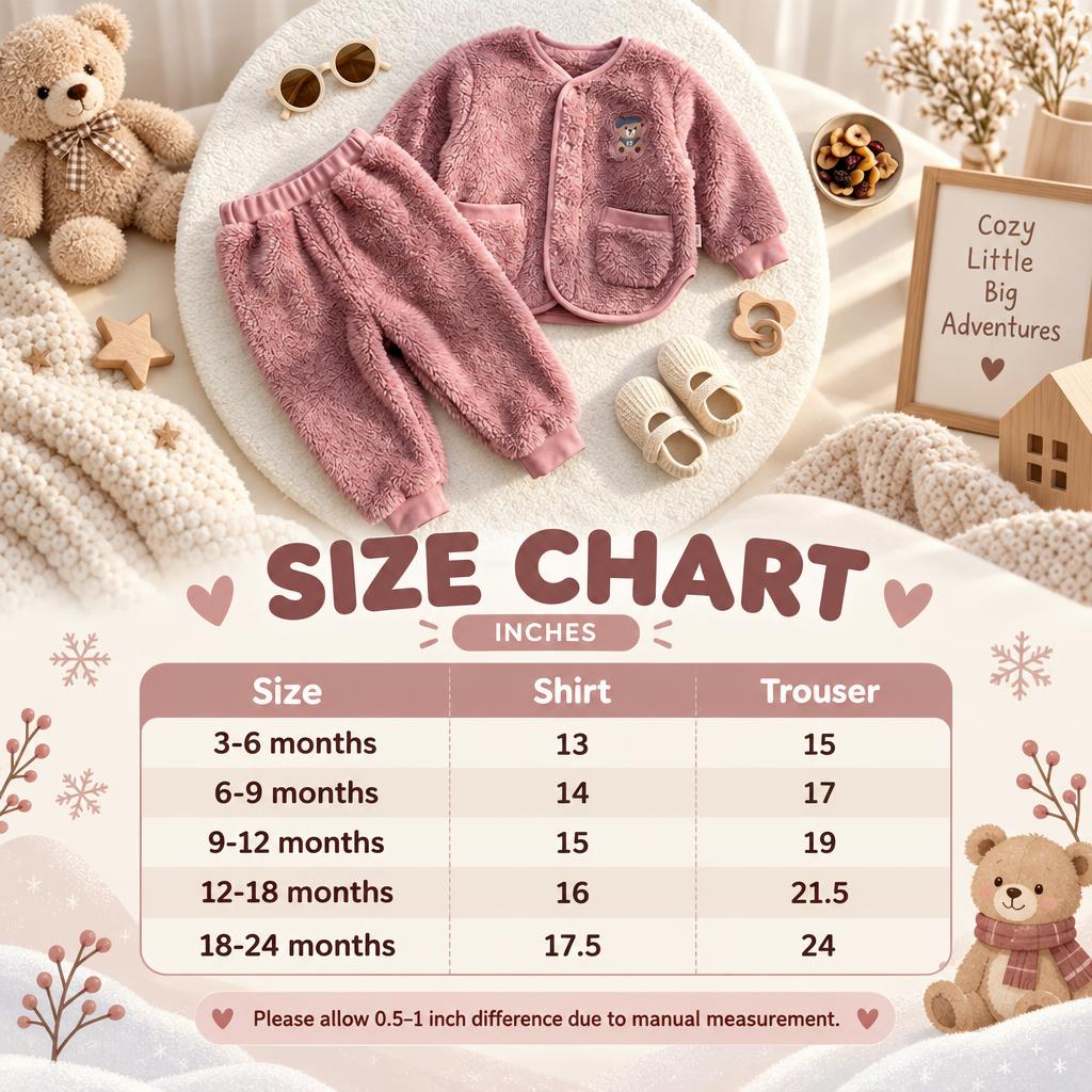 Size chart for the baby bear patch shaggy jacket and trouser 2pc suit, showing sizes from 3-6 months to 18-24 months and measurements in inches.