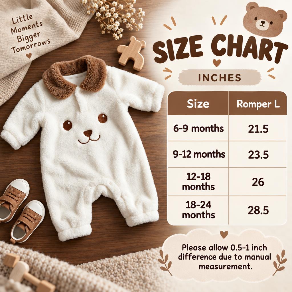 Size chart for the baby bear face plush romper showing 6-9, 9-12, 12-18 and 18-24 month sizes with romper lengths in inches.