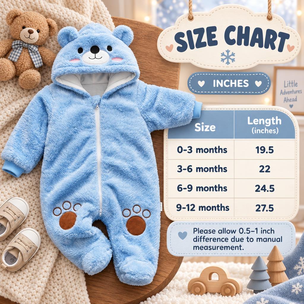 Size chart for the Blue baby bear-face shaggy hooded romper, showing lengths for 0-3, 3-6, 6-9 and 9-12 month sizes.