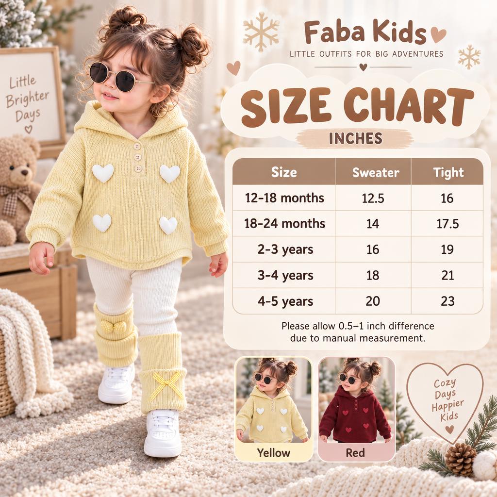 Faba Kids size chart for the girls heart hooded sweater and tights 2PC set, available from 12-18 months to 4-5 years in Yellow and Red.