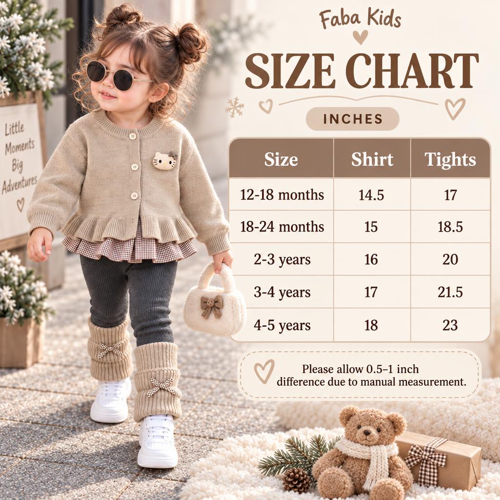 Faba Kids size chart for the girls kitty ruffle sweater and tights 2pc set, showing 12-18 months through 4-5 years measurements in inches.