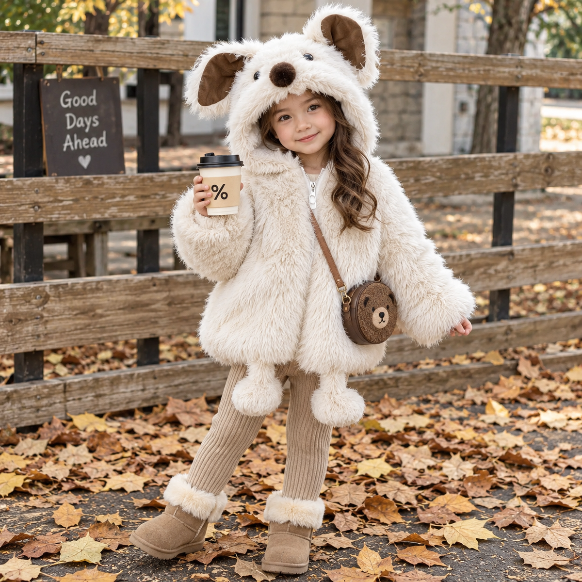 Beige bunny fur hooded jacket for girls - Faba Kids