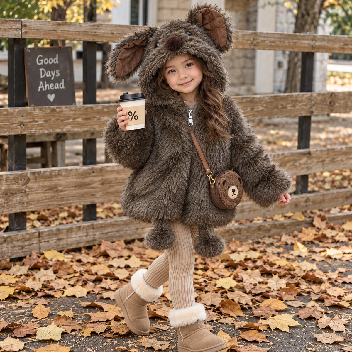 Brown bunny fur hooded jacket for girls - Faba Kids
