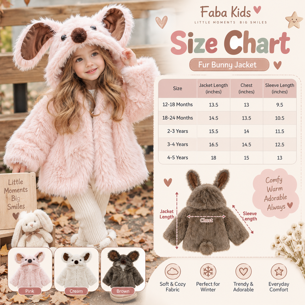 Bunny fur hooded jacket size chart in inches - Faba Kids