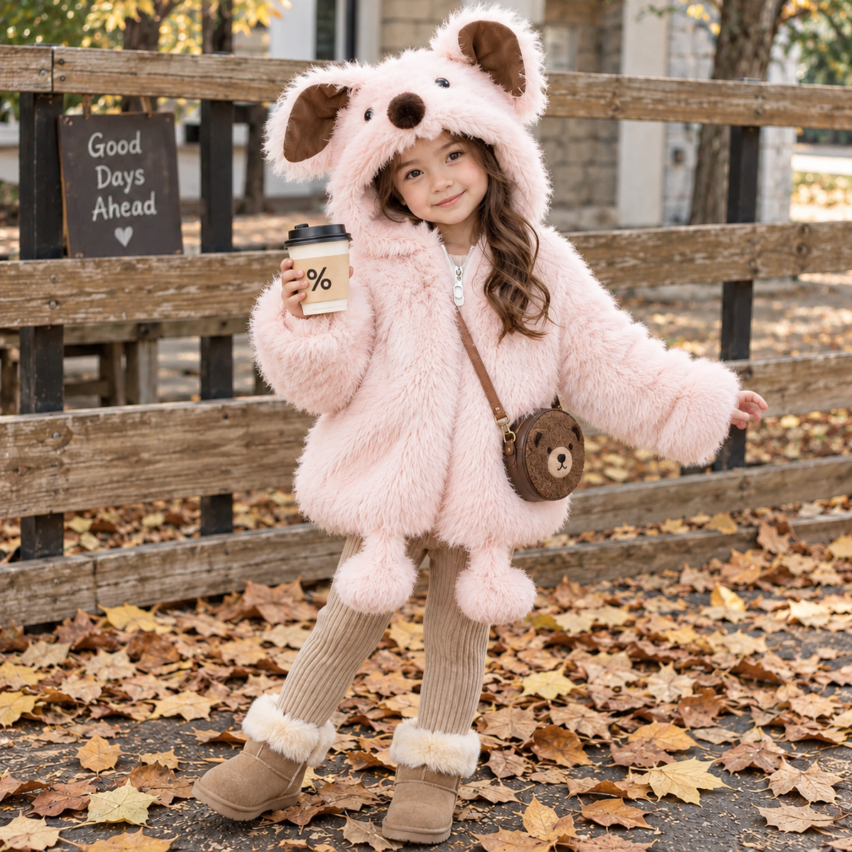Pink bunny fur hooded jacket for girls - Faba Kids