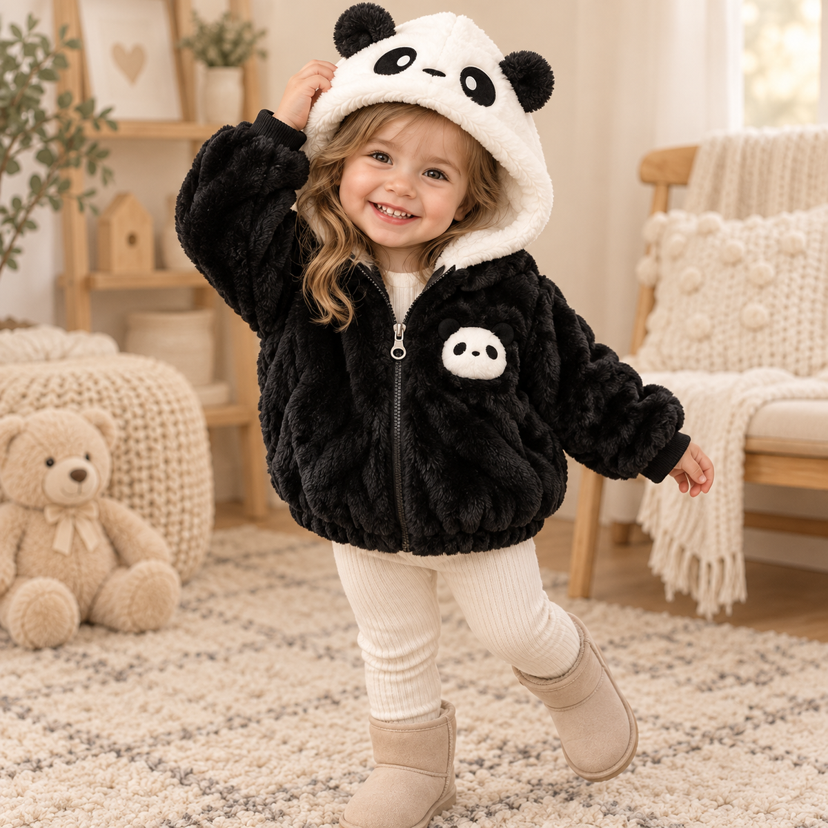 Black panda fur hooded jacket for girls - Faba Kids