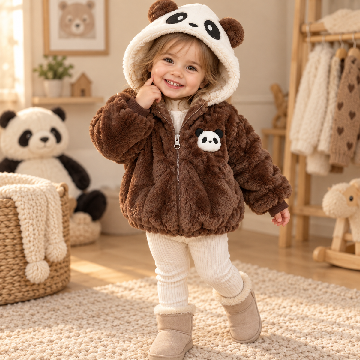 Brown panda fur hooded jacket for girls - Faba Kids