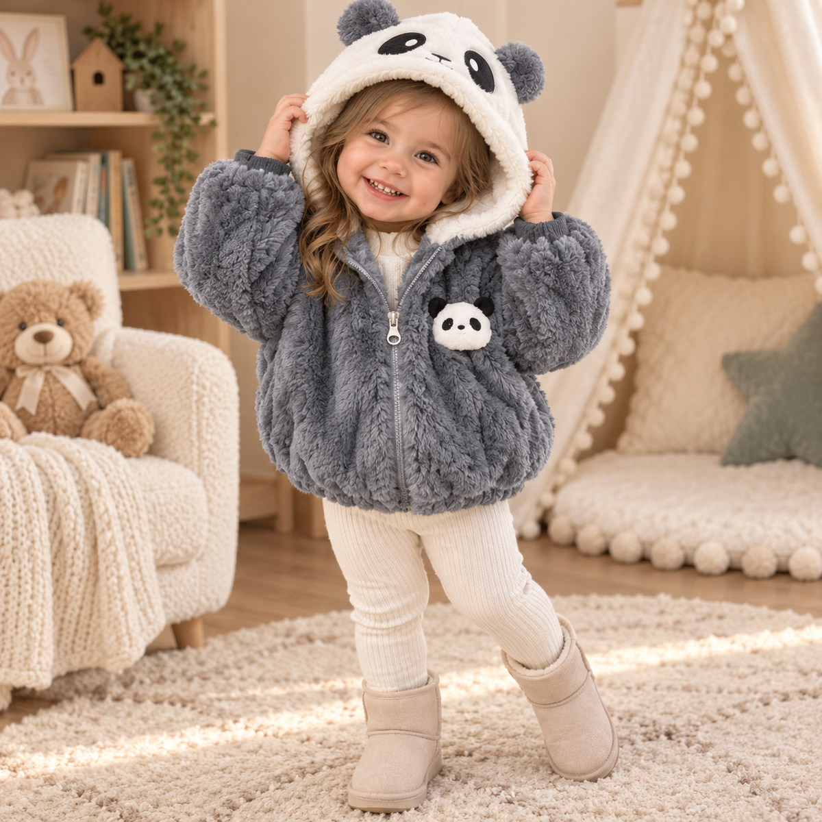 Grey panda fur hooded jacket for girls - Faba Kids