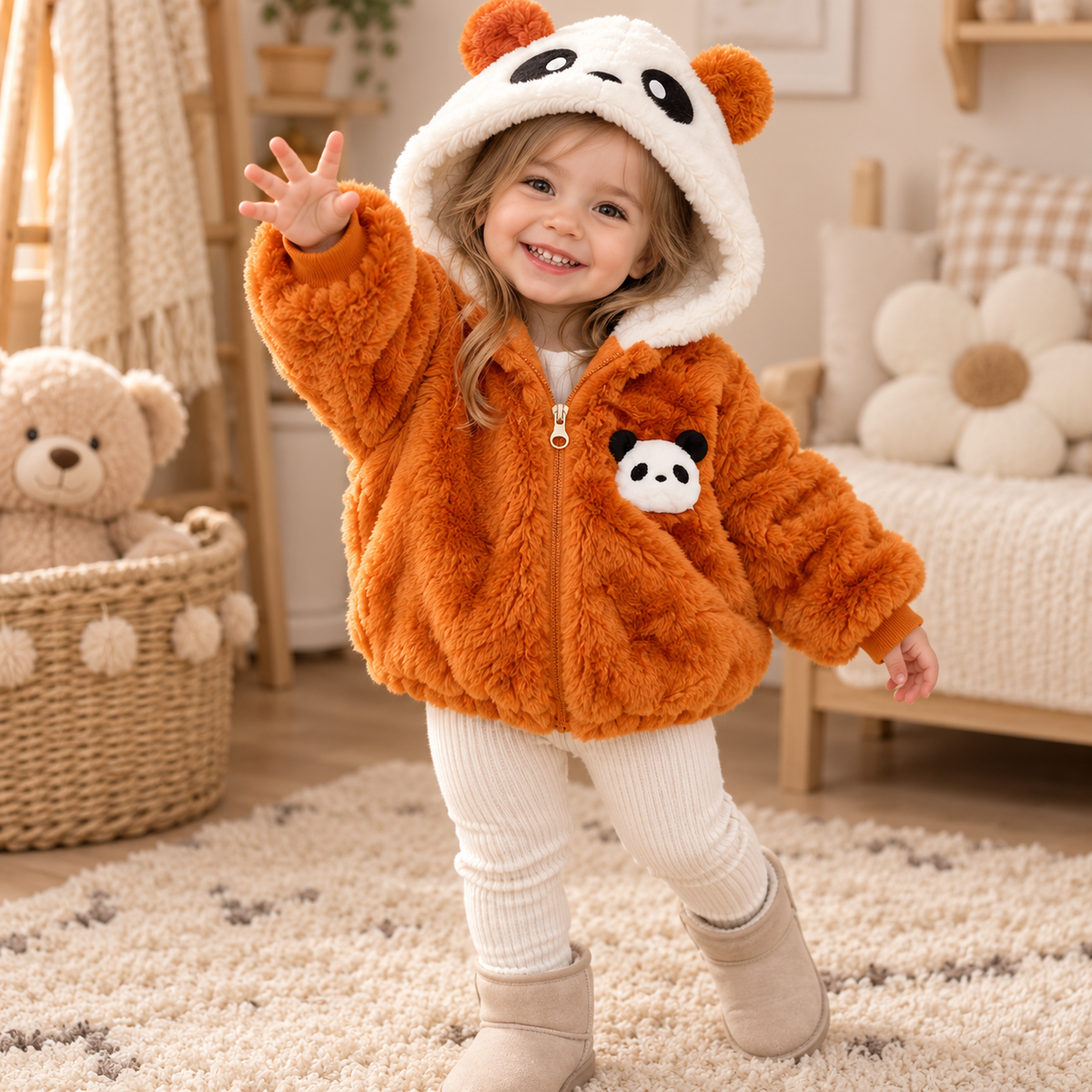 Orange panda fur hooded jacket for girls - Faba Kids