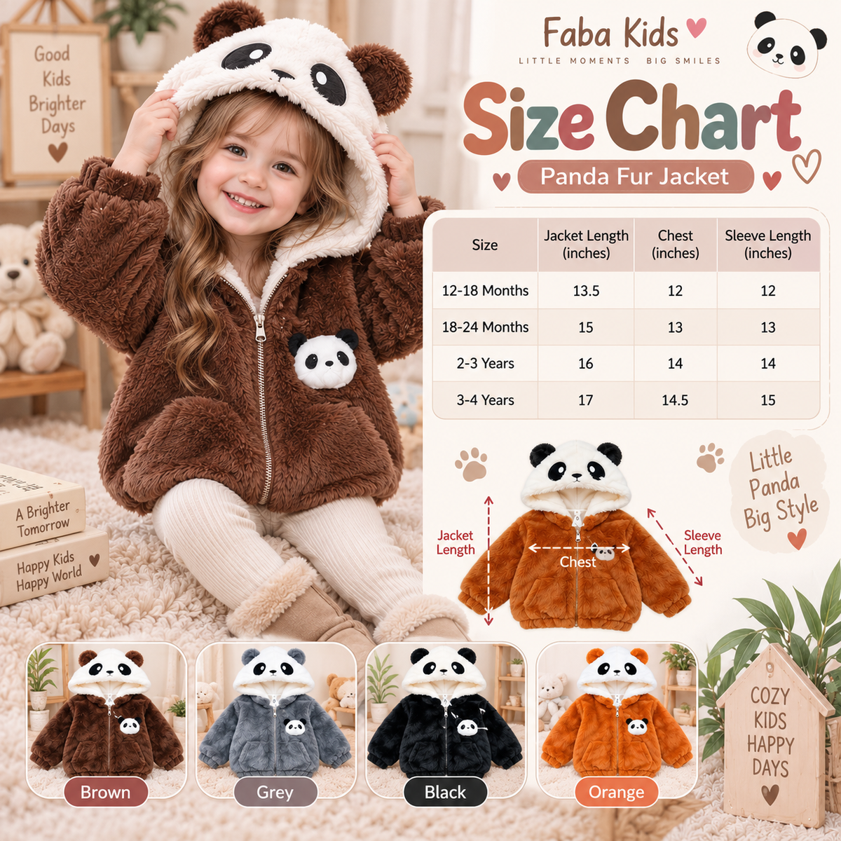 Panda fur hooded jacket size chart in inches - Faba Kids