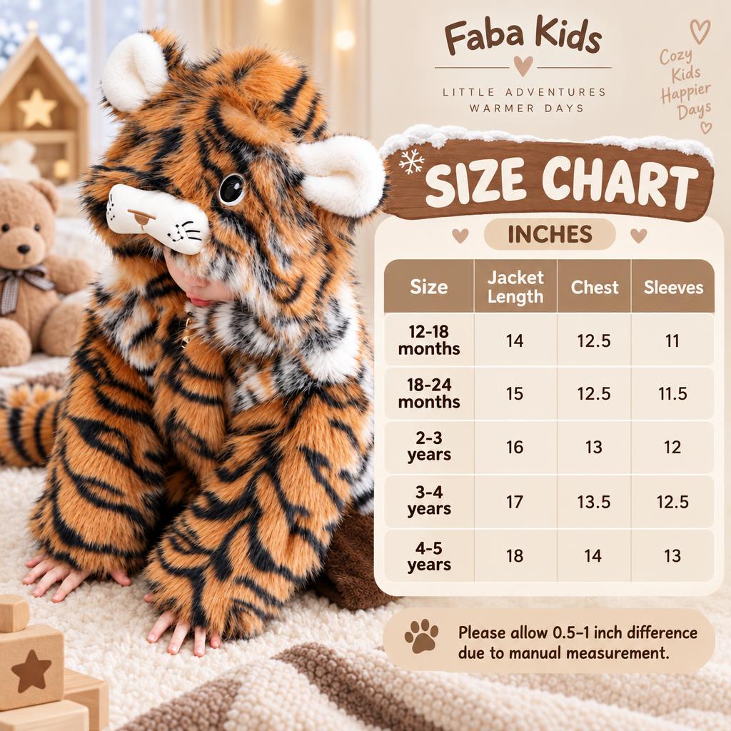 Faba Kids size chart for the tiger hooded jacket, showing measurements in inches for sizes 12–18 months through 4–5 years.