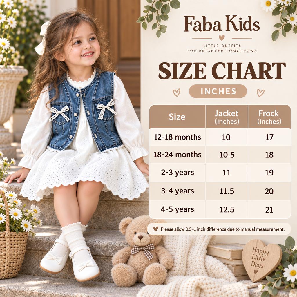 Faba Kids size chart for the girls frock and jacket set, showing jacket and frock measurements for 12–18 months through 4–5 years.