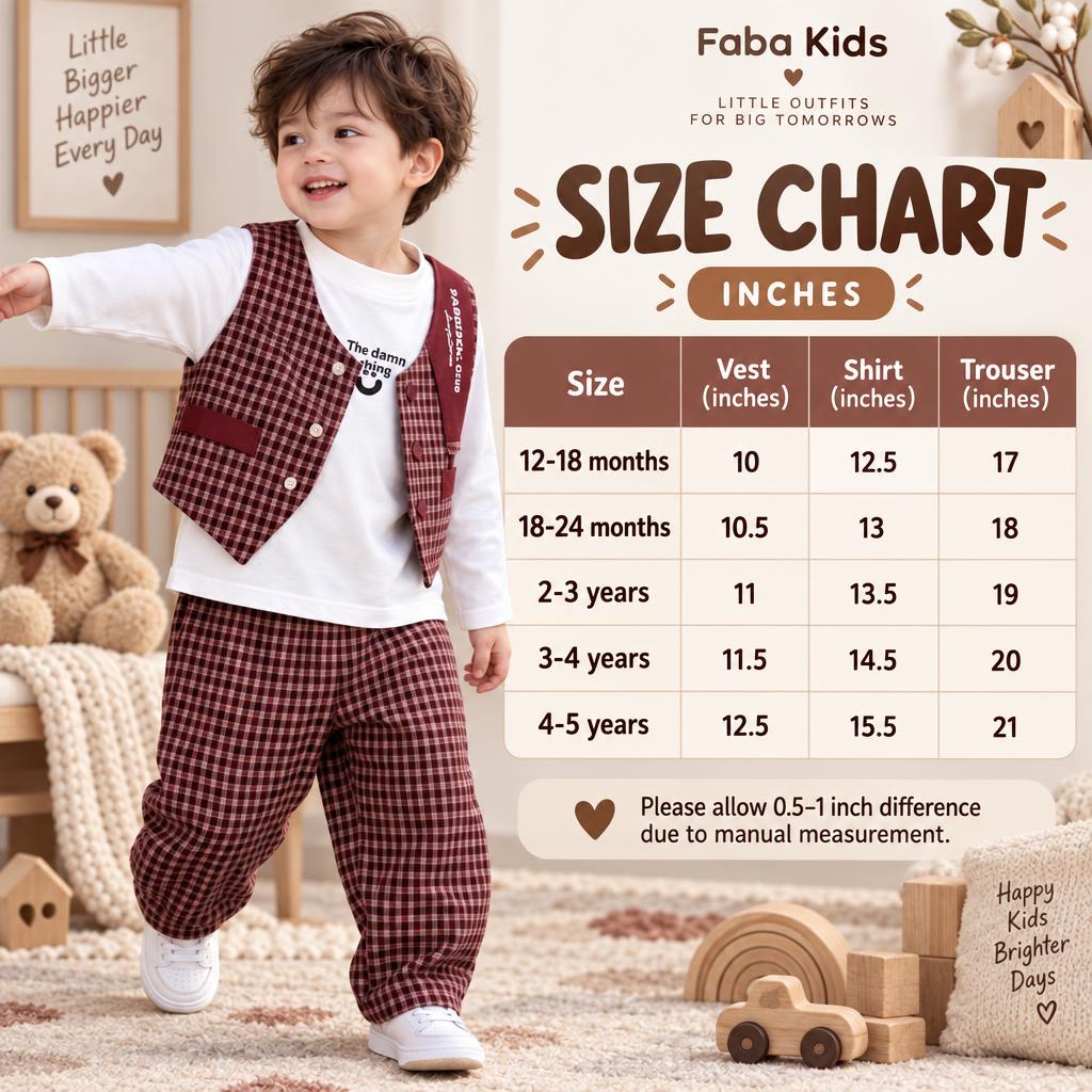 Faba Kids size chart for boys vest, shirt and trouser set in sizes 12–18 months through 4–5 years, with vest, shirt and trouser measurements in inches.