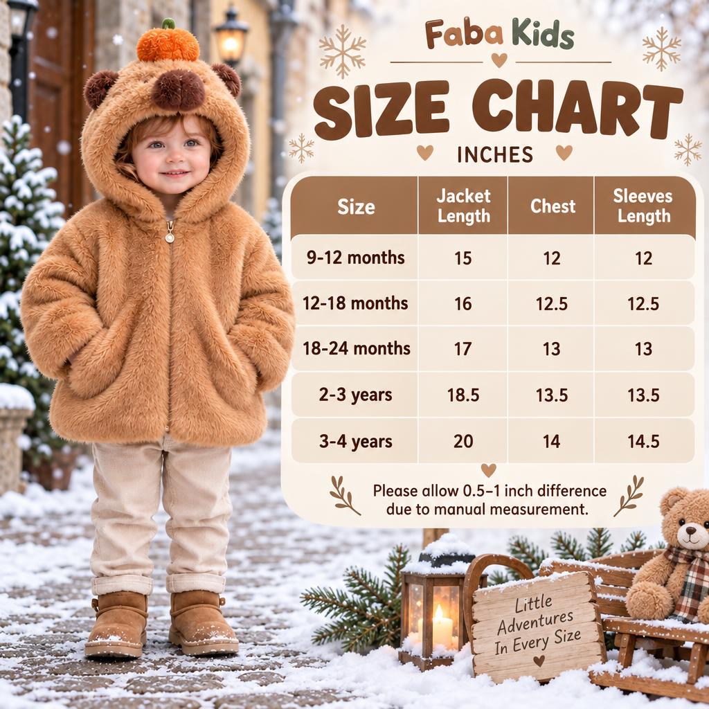 Faba Kids size chart for bear hooded jackets in 9–12 months through 3–4 years, with jacket length, chest and sleeve measurements in inches