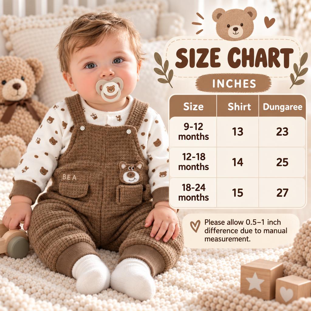 Size chart for the baby bear shirt and dungaree set showing 9–12, 12–18 and 18–24 month measurements in inches.