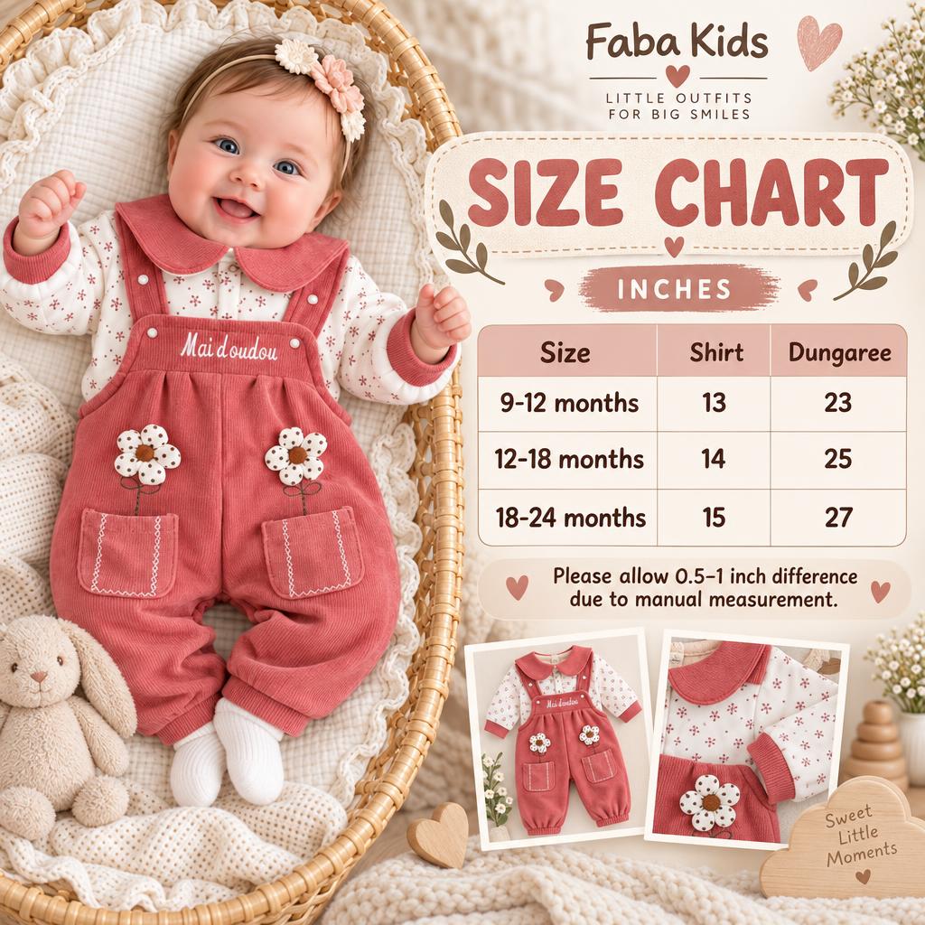 Faba Kids size chart for the girls floral shirt and Rose Pink dungaree set, showing 9–12, 12–18 and 18–24 month shirt and dungaree measurements in inches.