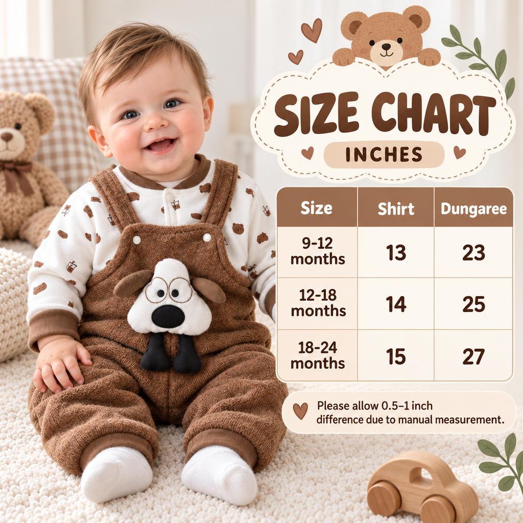 Size chart for the boys puppy applique shirt and dungaree set, showing 9–12, 12–18 and 18–24 month measurements in inches.
