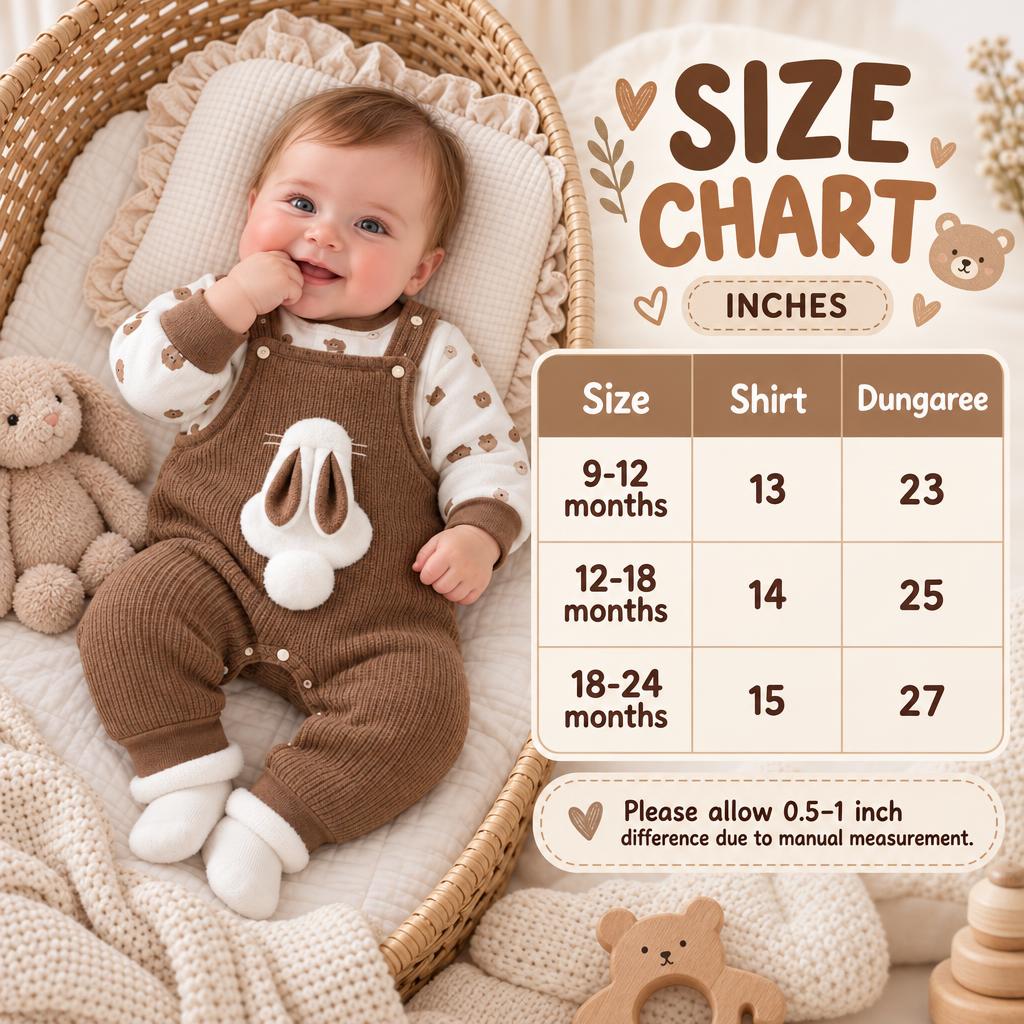 Size chart for baby shirt and dungaree set in 9–12, 12–18 and 18–24 months, with shirt and dungaree measurements in inches.