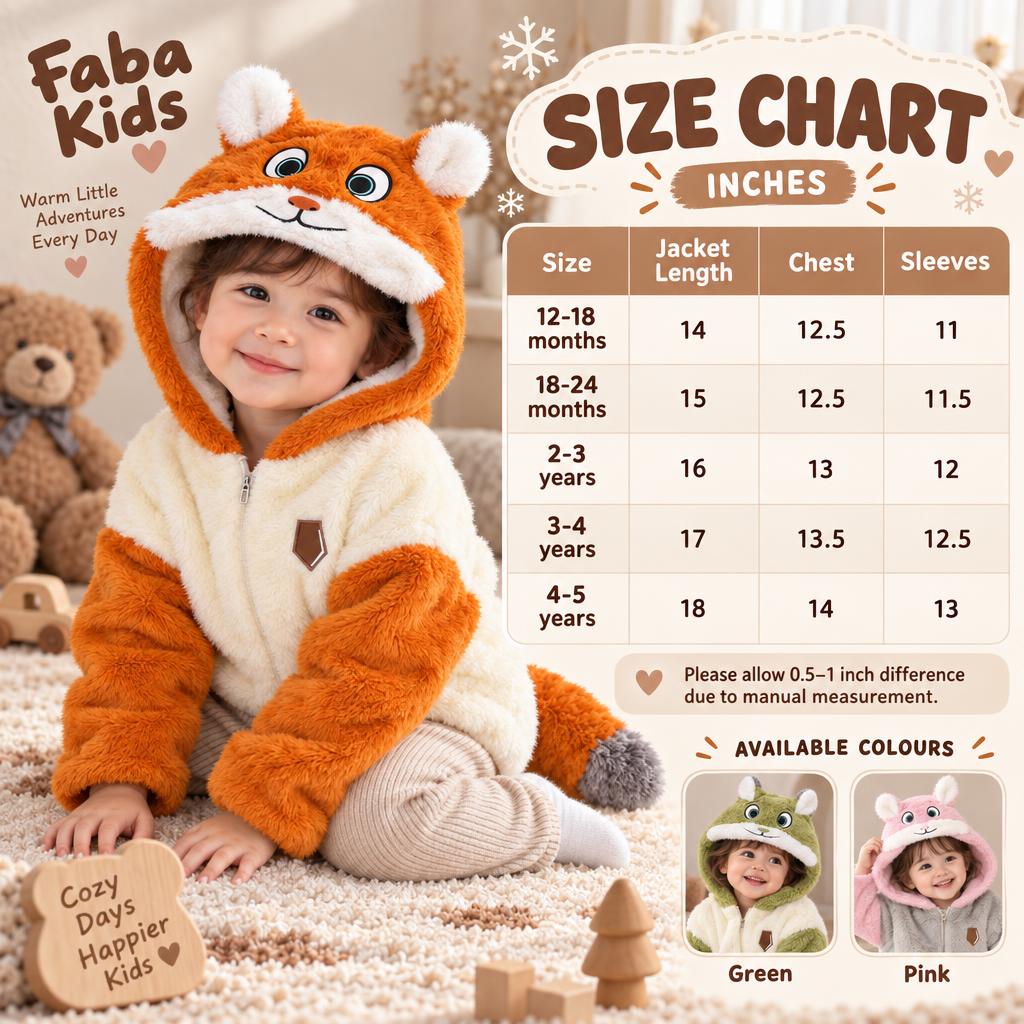 Faba Kids size chart for the animal hooded fur jacket showing 12–18 months to 4–5 years, alongside an orange character-hood jacket and green and pink colour options.