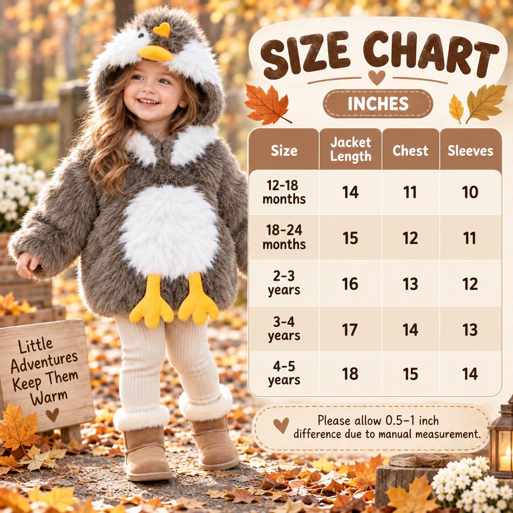 Kids penguin hooded fur jacket size chart showing Grey jacket measurements for 12–18 months through 4–5 years in inches.