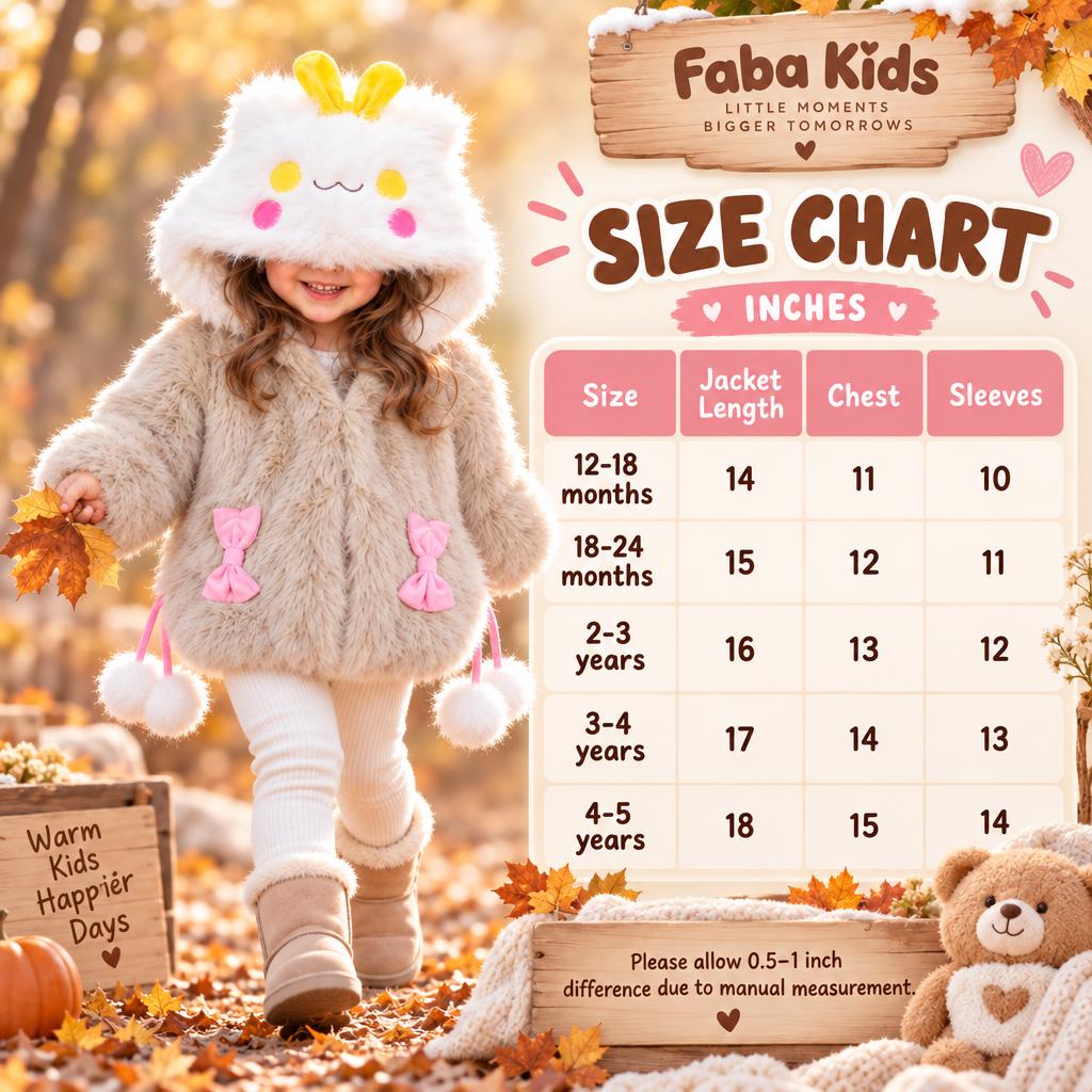 Faba Kids size chart for bunny hooded fur jacket, showing jacket length, chest and sleeves for sizes 12–18 months through 4–5 years.