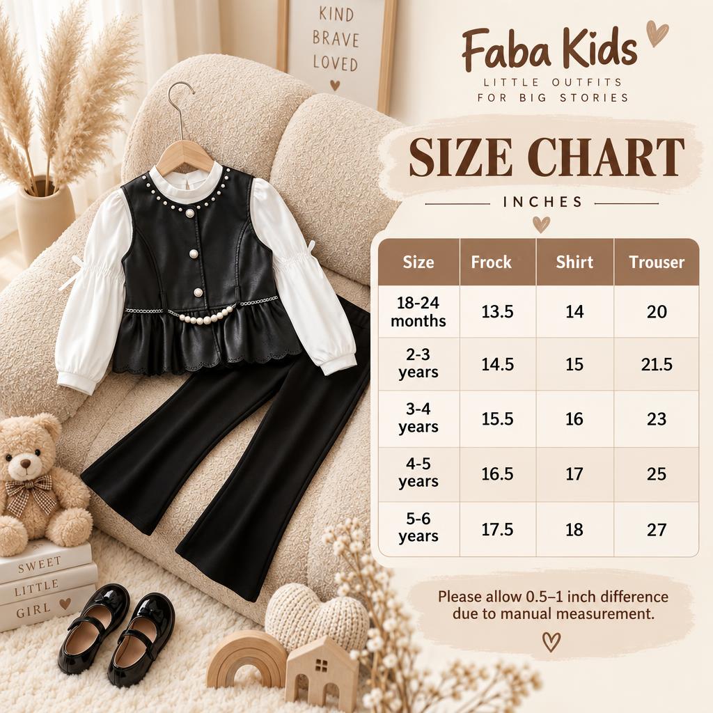 Faba Kids size chart for the girls leather-look frock, shirt and trouser 3pc set, showing 18-24 months through 5-6 years measurements in inches.