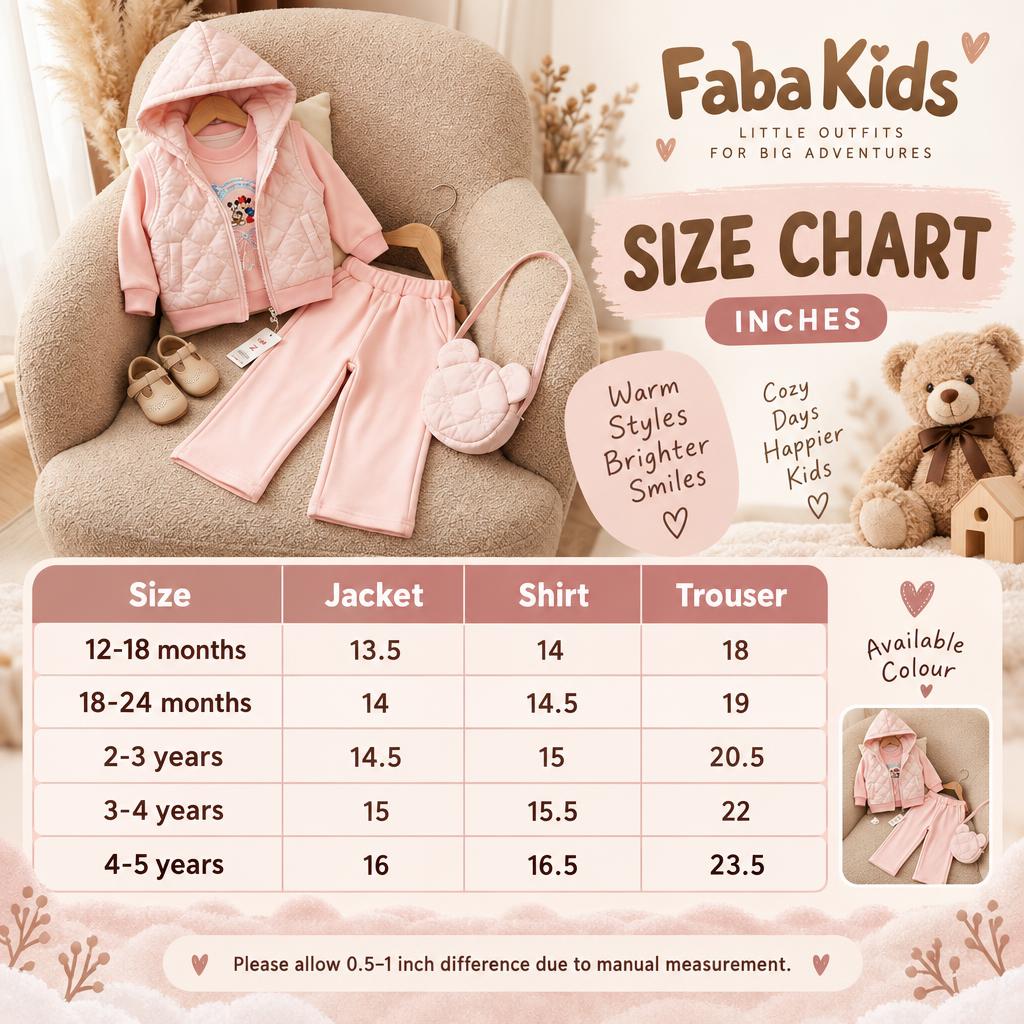 Faba Kids size chart for the Pink girls quilted hooded jacket, shirt and trouser 3pc set, covering sizes 12-18 months through 4-5 years.