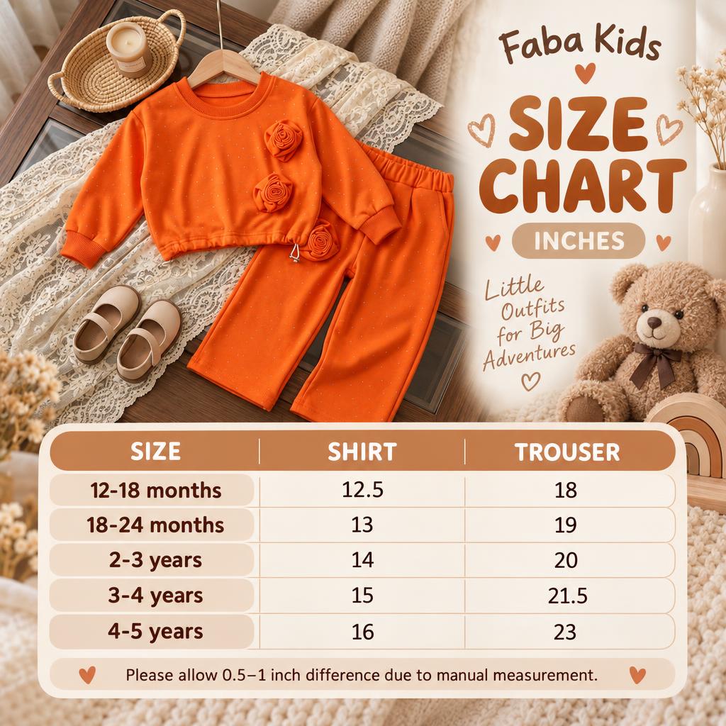 Faba Kids size chart for the Orange rose applique sweatshirt and trouser 2pc suit, showing 12-18 months through 4-5 years measurements in inches.