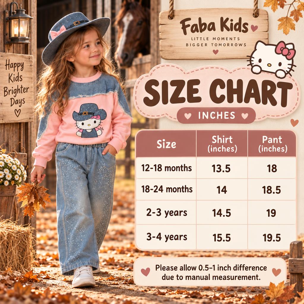 Faba Kids size chart for the girls kitty sweatshirt and trouser 2pc suit, showing shirt and pant measurements for 12–18 months to 3–4 years.