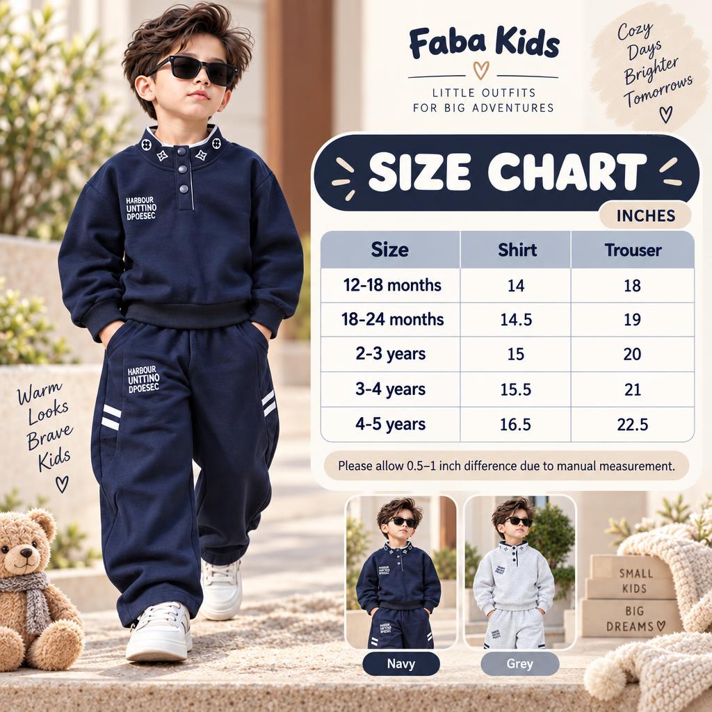 Faba Kids size chart for boys star collar button tracksuit set, showing shirt and trouser measurements for 12-18 months to 4-5 years.