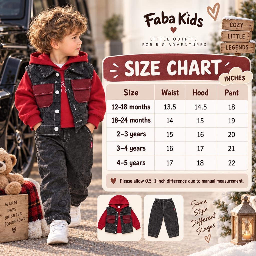 Faba Kids size chart for the boys hooded sweatshirt, denim waistcoat and jogger pant 3-piece set in sizes 12-18 months to 4-5 years.