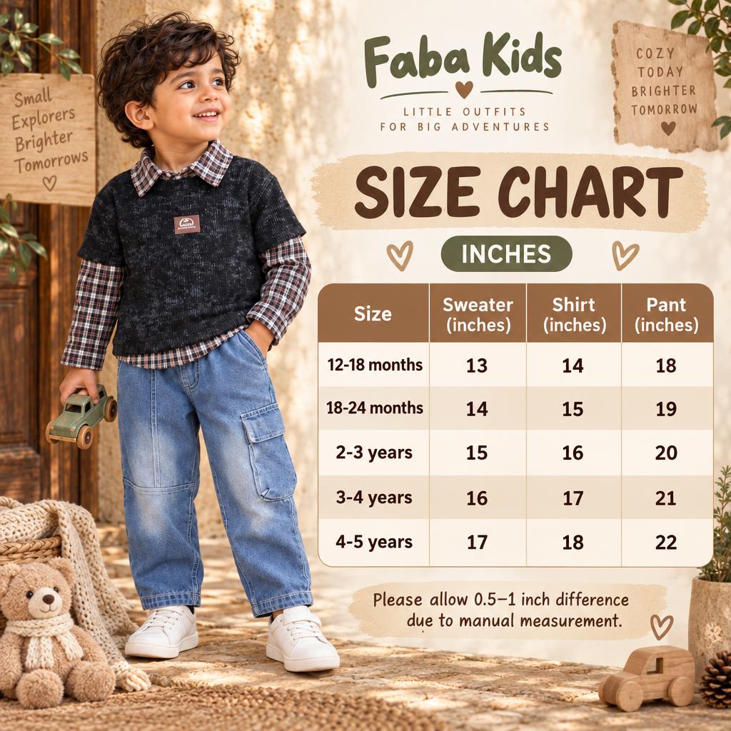 Faba Kids size chart for boys sweater, shirt and pant 3pc set in sizes 12-18 months through 4-5 years, with inch measurements.