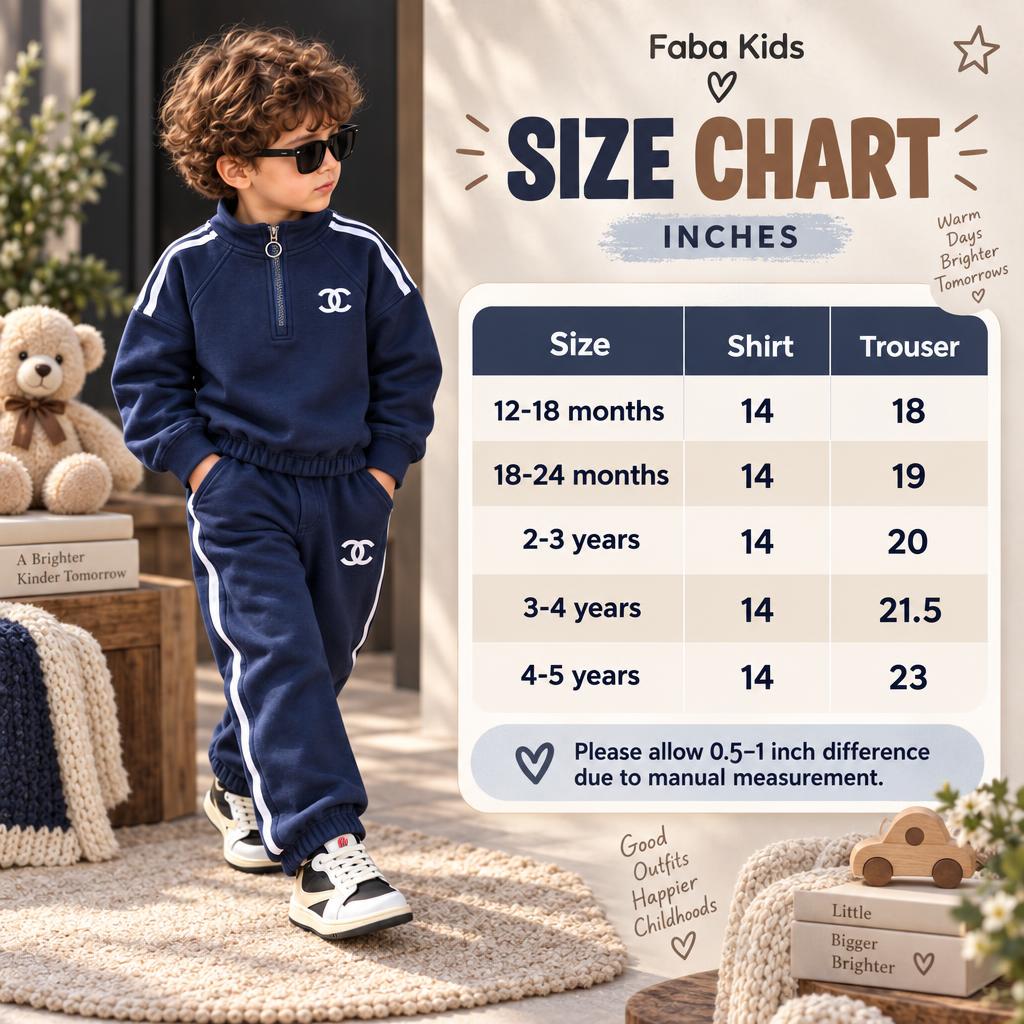 Faba Kids size chart for the boys quarter-zip sweatshirt and trouser tracksuit, covering sizes 12-18 months through 4-5 years with inch measurements.