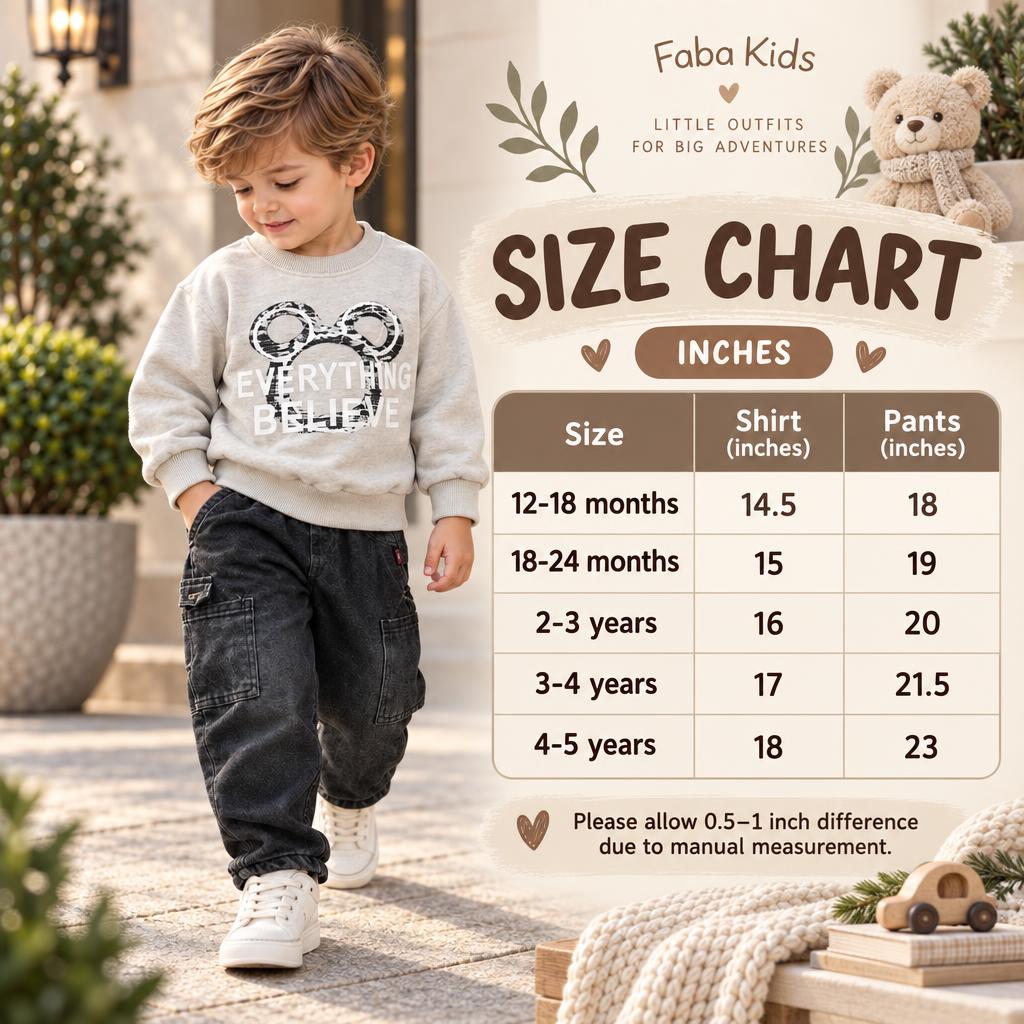 Faba Kids size chart for boys sweatshirt and cargo baggy pant set, covering 12-18 months to 4-5 years.