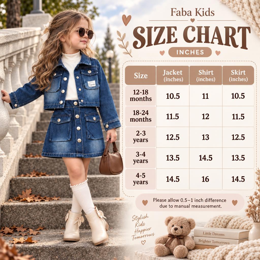 Faba Kids size chart for girls denim jacket, inner and skirt 3-piece set, showing 12-18 months through 4-5 years measurements in inches.