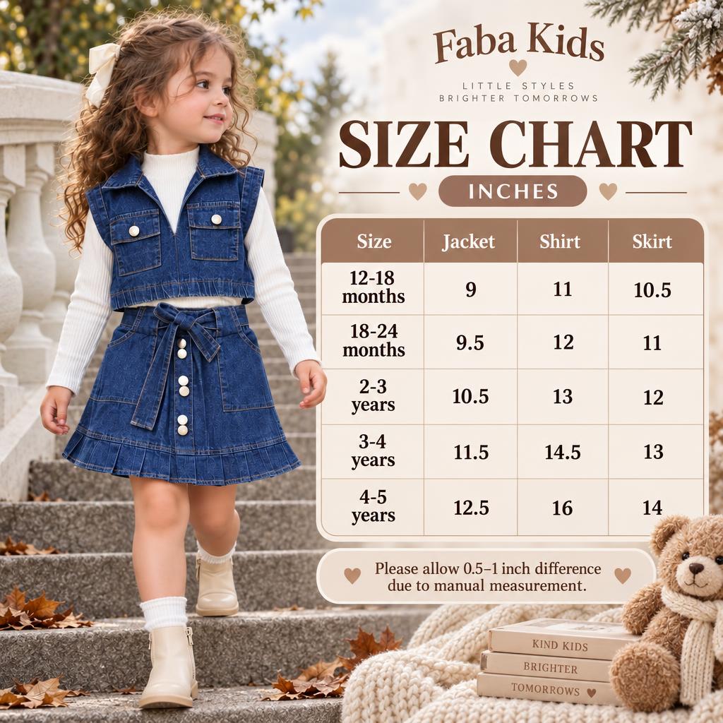 Faba Kids size chart for girls denim vest, inner and skirt 3-piece set, covering sizes 12-18 months through 4-5 years.