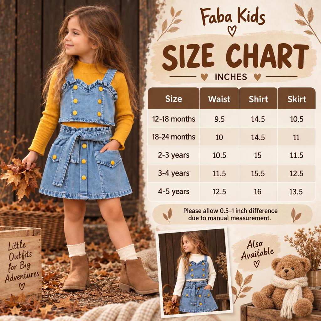 Faba Kids size chart for the girls denim waistcoat, inner and skirt 3-piece set in sizes 12-18 months to 4-5 years.
