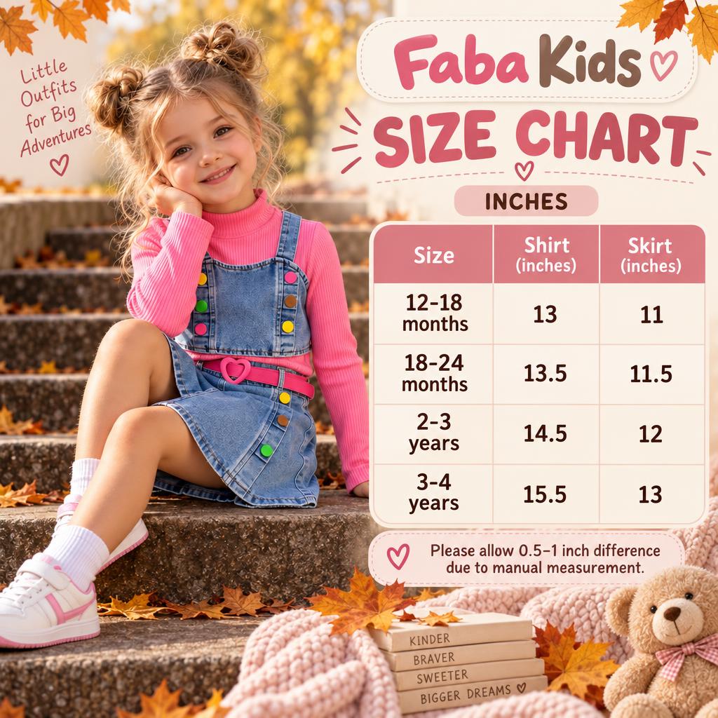 Faba Kids size chart for girls multi-button waistcoat, ribbed inner and skirt 3-piece set in sizes 12-18 months to 3-4 years, showing shirt and skirt measurements in inches.