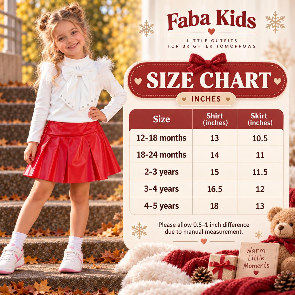 Faba Kids size chart for the girls White shirt and Red leather-look skirt 2pc set, showing sizes from 12-18 months to 4-5 years.