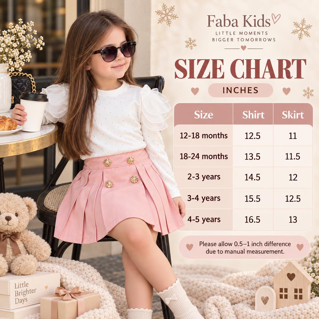 Faba Kids size chart for the girls White ruffle shirt and Pink pleated skirt 2pc set, showing 12-18 months through 4-5 years measurements in inches.