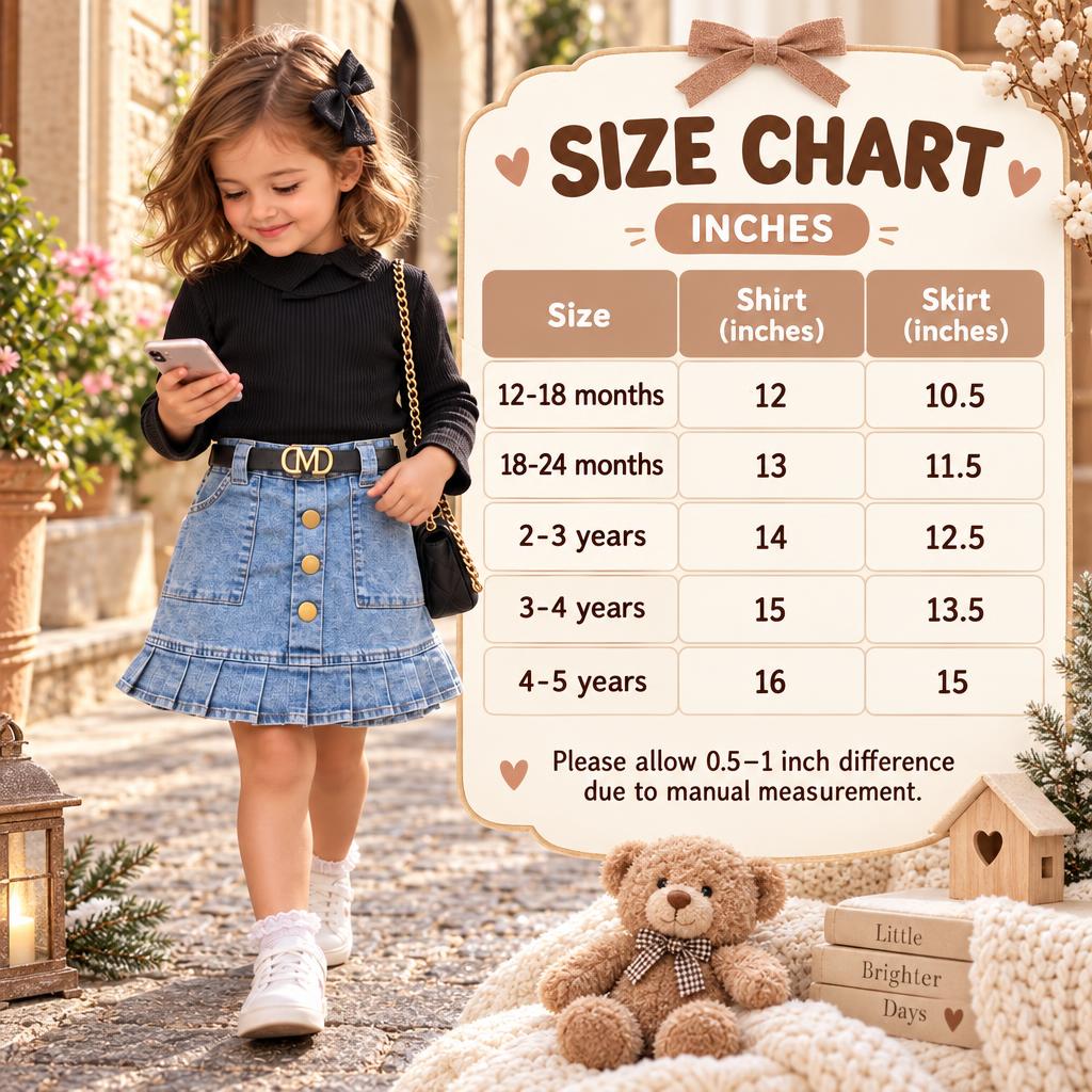 Size chart for girls ribbed shirt and denim skirt 2PC set showing sizes 12-18 months to 4-5 years with shirt and skirt measurements in inches.