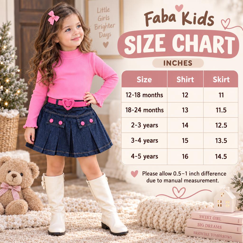 Faba Kids size chart for the girls ribbed shirt and denim skirt 2pc set, showing shirt and skirt measurements for 12-18 months through 4-5 years.